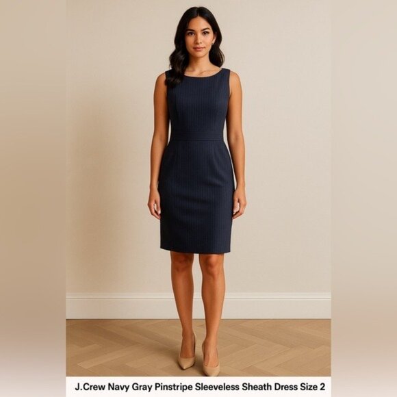 J.Crew Navy Gray Pinstripe Sleeveless Sheath Dress Size 2 NWT - Picture 1 of 13